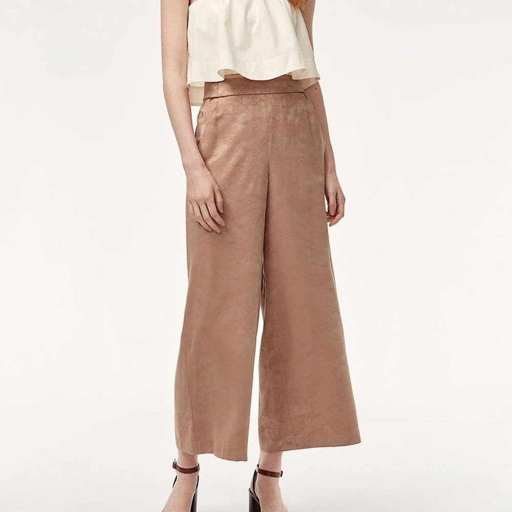 Aritzia Wilfred Womens Wide Leg Paisley Faun Pant XS Tan High Rise Sash Tie Belt